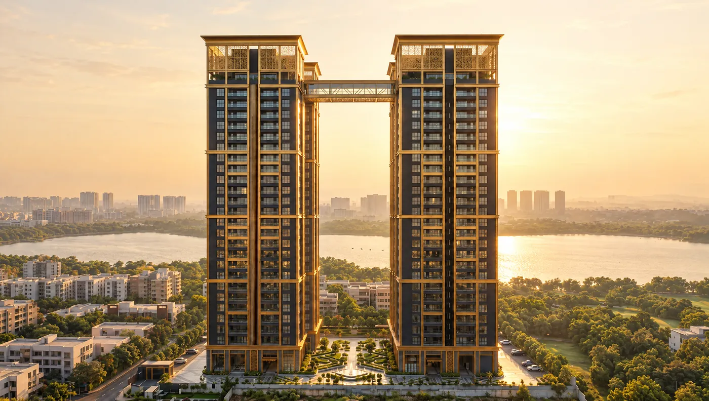 Godrej Epoque, the twin towers and sky bridge seen from above