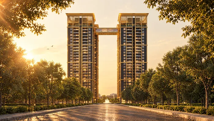 Tree-lined avenue leading to the towers