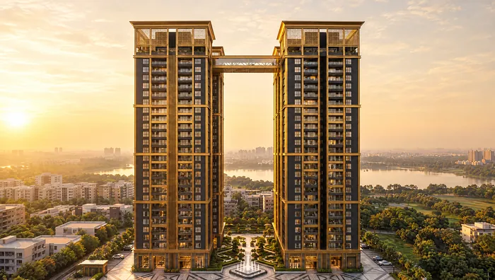 Aerial view of the landscaped court between the towers