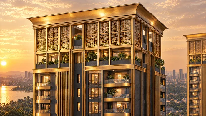 Gold jali crown and balconies near the top of the tower