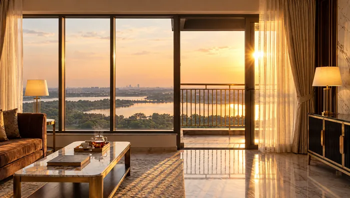 Living room with full-height glass windows
