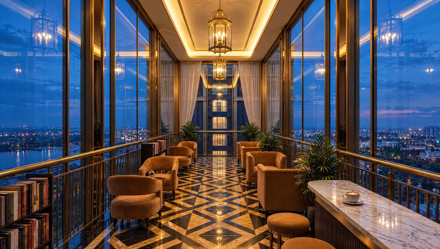 Sky bridge lounge with armchairs, books and a café counter