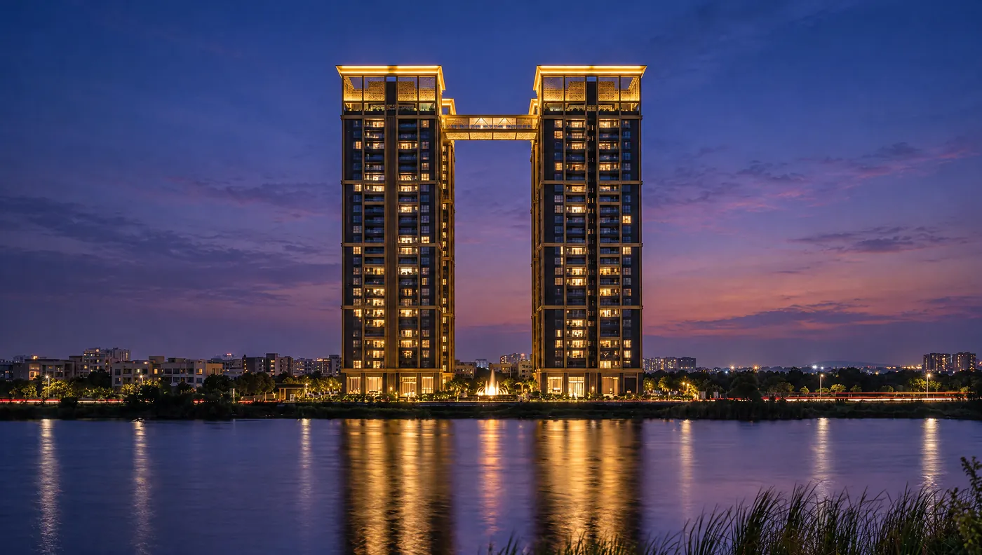 The towers lit up at dusk