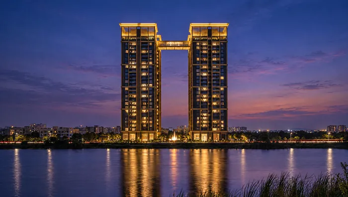 The towers lit up at dusk